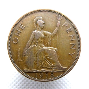 MONETA DA UN PENNY DEL 1938 - Re Giorgio VI - Bronzo - Moneta da un penny. Moneta originale. Britannia - Regalo numismatico per compleanno e anniversario (OS01)