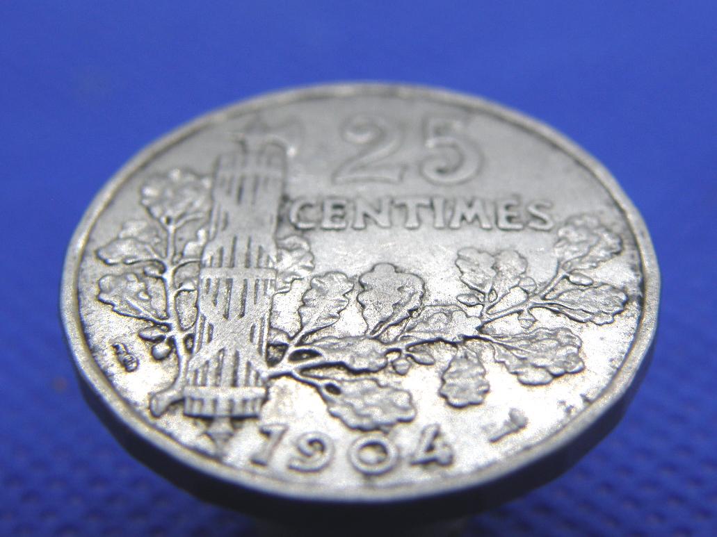 1904年フランス25サンチームニッケル貨幣：オークの葉、第一次世界大戦