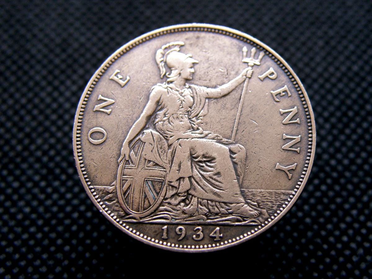 1934 British PENNY COIN - King George V - Bronze - Large 1d Coin