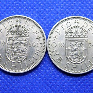 1959 Birthday SHILLING COINS - English & Scottish Designs - Genuine Queen Elizabeth II Pre-Decimal British Coins. Anniversary Gift (OS01)
