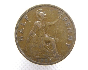 1931 HALFPENNY COIN - King George V - Bronze - One Halfpenny 1/2d Coin. Original British Coin. Britannia & Shield Design. (OS01)