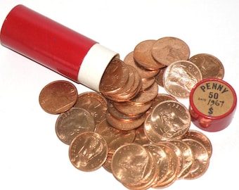 50x 1967 UNCIRCULATED PENNY COINS - Bronze One Penny Coins in Red Tube - Original Vintage British 1ds - Collect / Craft / Jewellery (OS01.2)