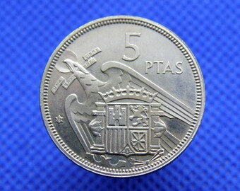 1957年スペイン5ペセタ硬貨：カウディーリョ時代、飛鳥デザイン