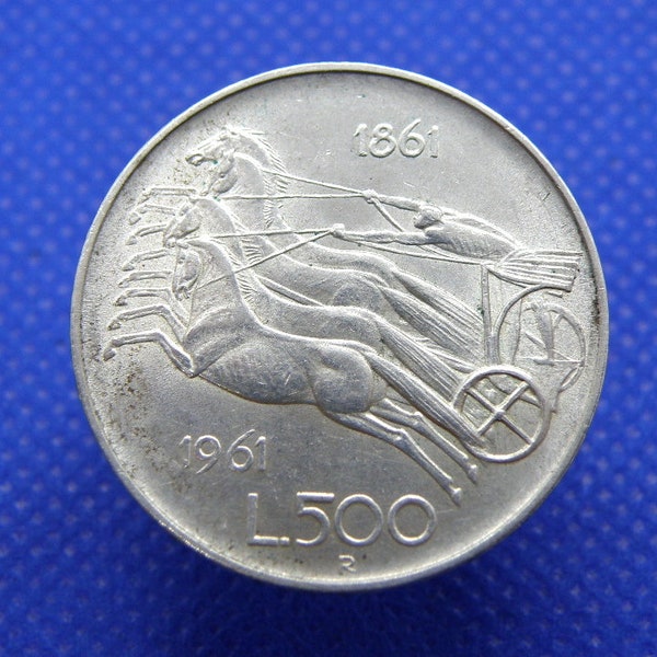 ITALY - 1961 500 LIRE Silver Coin - King Vittorio Emanuele I.I.I. - Quadriga Design - Genuine European Silver Coin - Good Grade (WQ13)