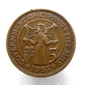 MONETA DI BRONZO DI CIPRO DEL 1955 - Moneta da 5 mil - Design con uomo dell'età del bronzo - Autentica moneta d'epoca in bronzo europea - Amministrazione britannica. (OS01)