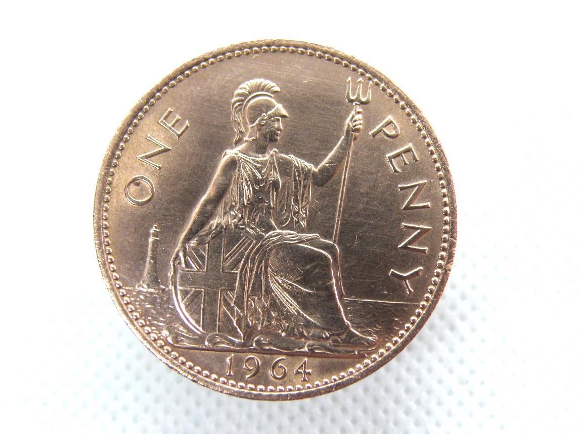 1964 BRITISH PENNY Coin - Queen Elizabeth II - Genuine Bronze 1d