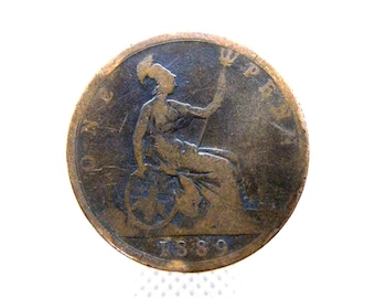 MONEDA DE PENNY DE 1889 - Reina Victoria - Moneda original de bronce de un penique de 1d - Británica - Retrato/Britannia - Regalo victoriano (OS01.5)