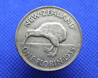 NEW ZEALAND Silver FLORIN Coin - Original 1935 Silver Coin - King George V - Kiwi Bird Design - Genuine British Commonwealth Coin (WD01)