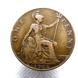1908 British Penny Coin: King Edward VII Bronze Britannia