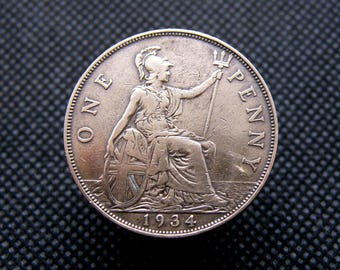 1934 British PENNY COIN - King George V - Bronze - Large 1d Coin