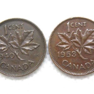 Vintage CANADA One Cent COINS - 1940 & 1953 -King George VI and Queen Elizabeth I.I. - Genuine Bronze Coins - Maple Leaf Design (OS01)