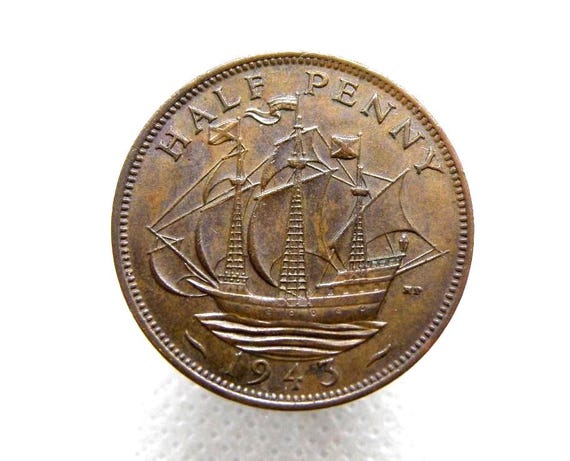 1943 HALFPENNY COIN - King George VI - British Bronze 1/2d Coin
