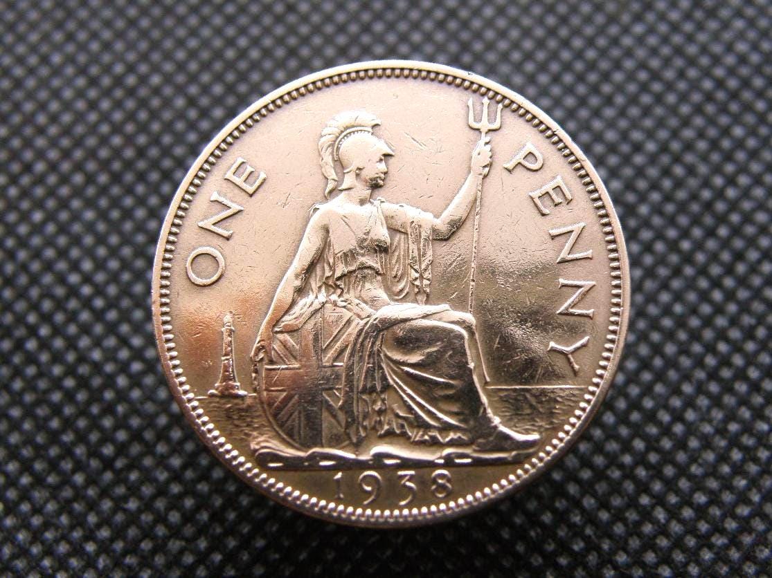 1938 BRITISH PENNY COIN - Large Old Bronze 1d Coin - Polished