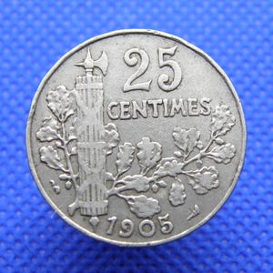 FRANCE 1905 COIN - 25 Centimes Coin - Oak Leaves - Genuine European Pre-World War I Nickel Coin (WY01)
