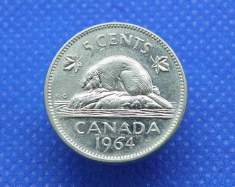 カナダ - 1964年 5セント硬貨 - エリザベス2世女王 - 岩の上の