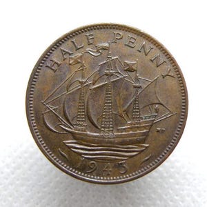 MONETA DA MEZZO PENNY DEL 1943 - Re Giorgio VI - Moneta britannica in bronzo da 1/2 penny - Moneta originale - Veliero - Regalo di anniversario di compleanno (OS01)