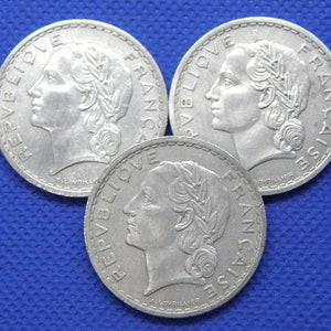 FRANCE 5 FRANCS COINS x3 - Original 1949 Coins - Genuine European World War I.I. Coins - Laureate Head Design - Aluminium (OS01)