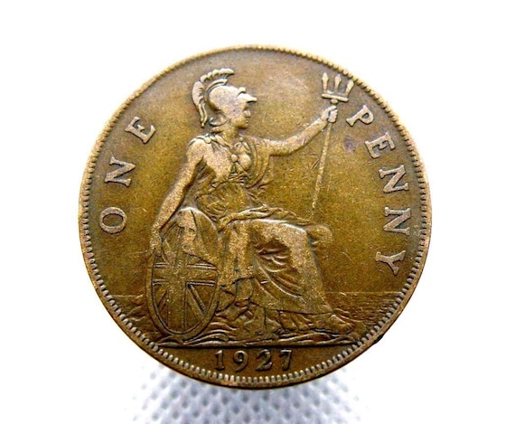 【美品USED】1927  RUN KING COMP▼更新▼ 1927 British PENNY COIN - King George V - Bronze - Original Large