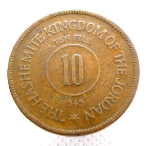 MONETA DI BRONZO DELLA GIORDANIA - Moneta autentica da dieci fili del 1949 - Sovrano Abdullah Ibn Al-Hussein - Regno hashemita di Giordania - Medio Oriente - Bronzo (OS01)
