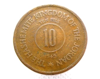 ヨルダン ブロンズコイン - 1949年 純正 10フィルス硬貨 - アブドラ・イブン・アル・フセイン 統治者 - ヨルダン・ハシミテ王国 - 中東 - ブロンズ (OS01)