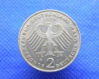 Vintage West Germany 2 Deutsche Mark Coin President Theodor Heuss