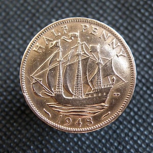 MONETA DA MEZZO PENNY DEL 1948 - Re Giorgio VI - Bronzo - Moneta britannica da 1/2 penny - Originale pulita - Veliero - Regalo per il 77° anniversario di compleanno (OS01)