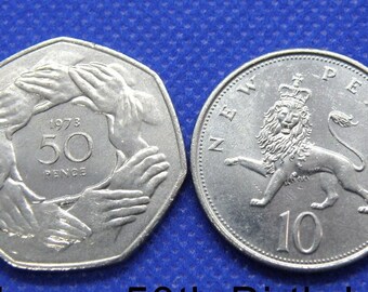 52nd BIRTHDAY 1973 COINS !! - British Decimal Fifty Pence & Ten Pence Coins - Birthday Gift / Present - Genuine 52 Year Old Coins (OS01)