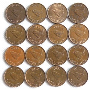 FARTHING COIN SET - Complete King George V.I. Farthing Coin Date Run 1937 to 1952. Wren Bird Design. Birthday Present Gift (ST06.2)