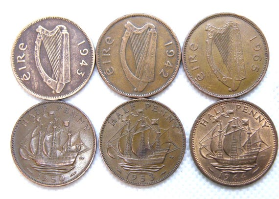 BRITISH & IRISH HALFPENNY Coins - 1940's 1950's 1960's Bronze 1/2d