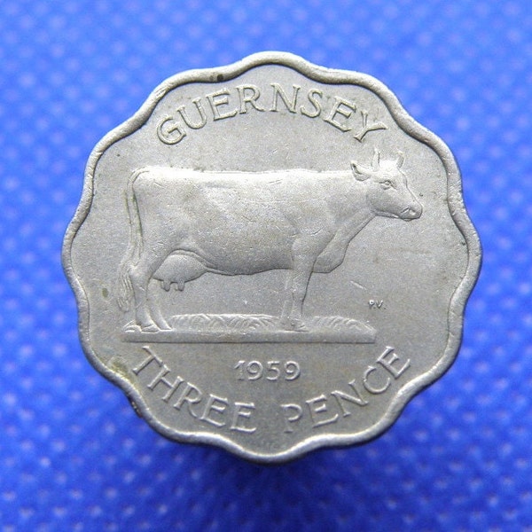 1959 GUERNSEY THREEPENCE COIN - The 'Cow Coin' - Channel Islands Coin. Guernsey Cow - Original Genuine 3d Coin. Collectable Coin Gift (OS01)