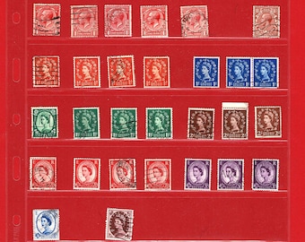 34 francobolli vintage della GRAN BRETAGNA - Dal 1907 - Re Giorgio V, Re Giorgio VI, Regina Elisabetta II - Valori da 1/2d a 11d (XV01)
