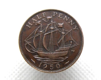 ¿75.° CUMPLEAÑOS? MONEDA DE MEDIO PENNY DE 1950 - Rey Jorge VI - Moneda de medio penique original de bronce - Barco de vela - Regalo de aniversario de cumpleaños (OS01.2)