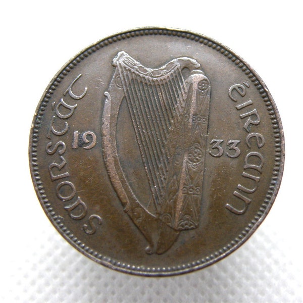 1933 IRELAND / EIRE PENNY Coin - Bronze 1d Coin - Hen & Chicks / Harp Design - Original Irish Coin - Birthday Anniversary Gift (OS01)