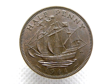 1941 HALFPENNY COIN - King George VI - Bronze - One Halfpenny Coin