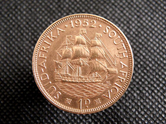 1952 South Africa Penny Coin: King George VI, Sailing Ship Design