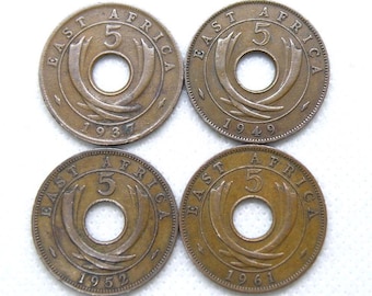 東アフリカコイン 4枚セット - 5セント銅貨 - 1937年、1949年、1952年、1962年 ジョージ6世国王＆エリザベス2世女王 - イギリス植民地コイン (WY01)