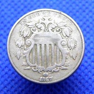 U.S.A. 1867 FIVE CENT COIN - United States Coin - Shield without Rays - Genuine Half Dime Coin - Good Detail with Clear Date (XK07)