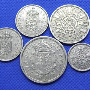 1954 BRITISH COIN GROUP - Original Halfcrown Florin Shillings & Sixpence - Genuine Vintage British Coins - Anniversary Gift (OS01.2)