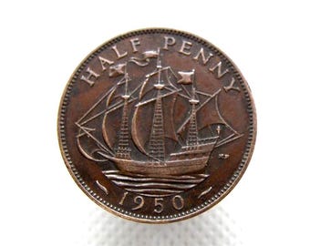 75th BIRTHDAY?  1950 HALFPENNY COIN - King George V.I. - Bronze Original Halfpenny Coin - Sailing Ship - Birthday Anniversary Gift (OS01.2)