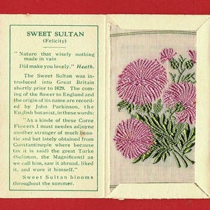 Carta floreale SWEET SULTAN SILK - Fiori Kensitas originali del 1934 nella cartella originale - 3,5 cm x 6,5 cm - Emissione di carte per tabacco da sigaretta - J.Wix (WJ01)