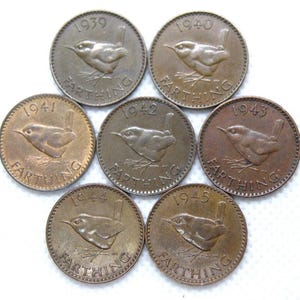 WORLD WAR TWO Farthing Coins - Genuine British Farthings 1939 1940 1941 1942 1943 1944 1945 - Old W.W.2 Coin Group - Bronze (OS01.4)