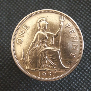 MONETA DA UN PENNY BRITANNICA DEL 1937 - Re Giorgio VI - Bronzo - Moneta originale da 1 penny - Pulita - Vecchio Penny Portafortuna - Regalo di Anniversario/Compleanno (OS01.4)
