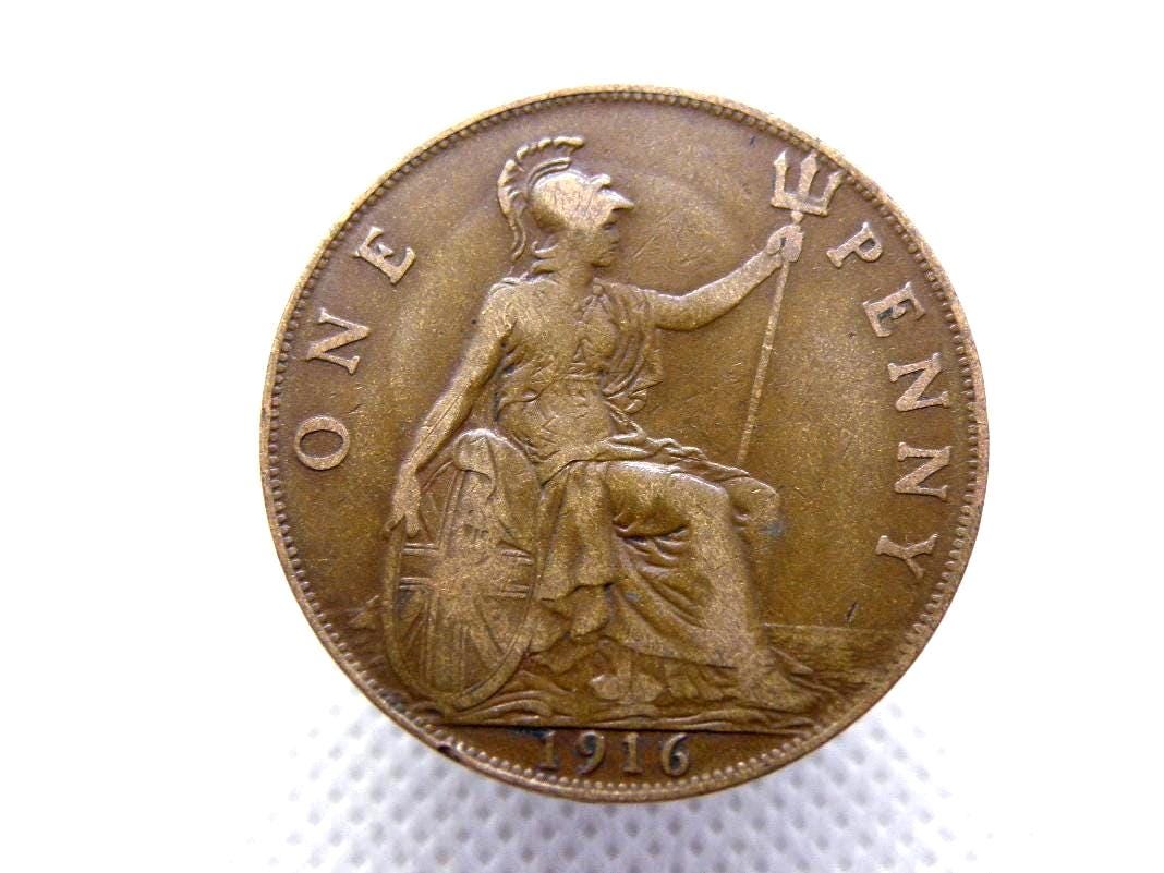 1916 British PENNY COIN - King George V - Bronze - One Penny 1d