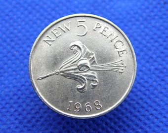 GUERNSEY FIVE PENCE-munt 1968 - Munt Britse Kanaaleilanden - Guernsey-leliebloemontwerp - Originele, echte munt van 5 pence - cadeau (OS01.3)