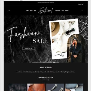 Könnte beinhalten: Ein Schwarzweißbild einer Frau, die einen schwarzen Pelzmantel und eine Sonnenbrille trägt. Das Bild ist vor einem schwarzen Marmorhintergrund mit dem Text "Fashion Sale" und einem "Shop Now"-Button platziert. Das Bild zeigt auch eine Vielzahl von Schmuck, darunter Ohrringe, Halsketten und Armbänder.