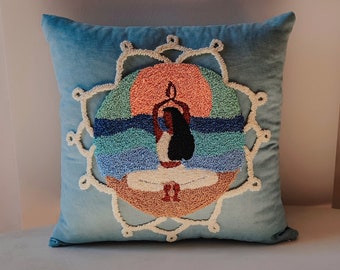 Pillowcase "yoga girl" handmade craft punchneedle pillow tufted rug honking case blue sea on sunset beach boho decor home idea gift for her