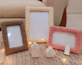 Punchneedle photoframes pink pudra beige teddy white ivory tufted trend frames craft home decor instagram photo handmade photo rug frame