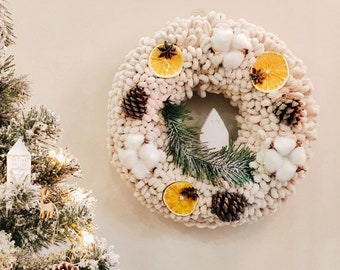 Christmas New Year's wreath of cones and dried oranges on the door decor with natural cotton, Thanksgiving day punchneedle beige wreath