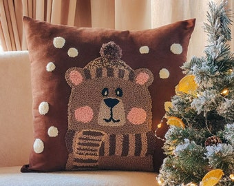 New Year's brown pillow with a teddy bear in a hat and scarf punch needle Christmas decor handmade pillowcase handtufted cute winter bear