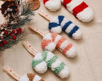 Set of 5 toys Christmas tree candy canes handmade from natural cotton plush craft punchneedle lollipops New year gift idea rug hooking decor